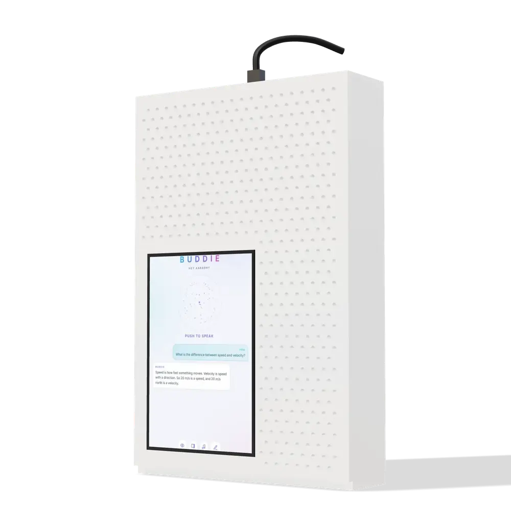 Buddie: a white perforated case with a dark 5-inch screen in the lower left